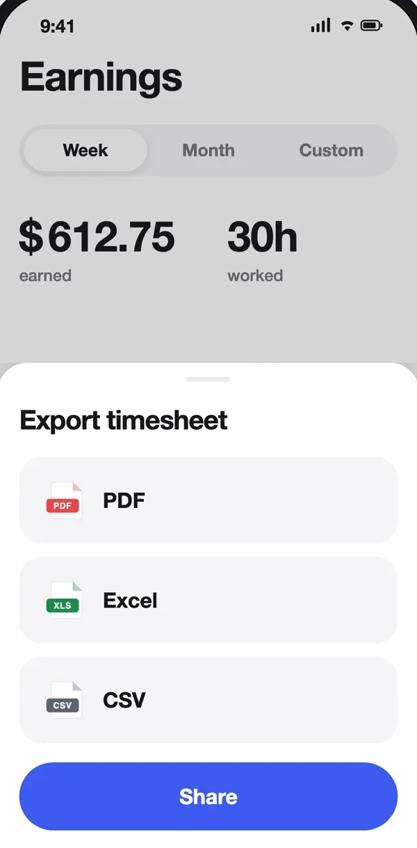 Timelog export sheet offering the timesheet as PDF, Excel or CSV